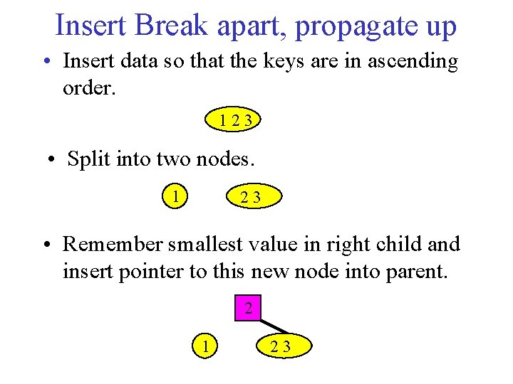 Insert Break apart, propagate up • Insert data so that the keys are in