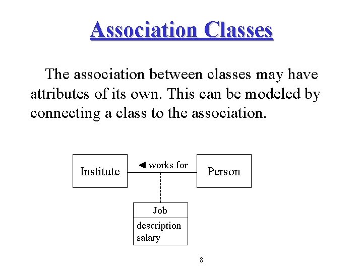 Association Classes The association between classes may have attributes of its own. This can