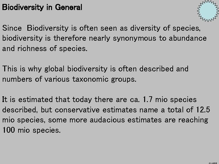 Biodiversity in General Since Biodiversity is often seen as diversity of species, biodiversity is