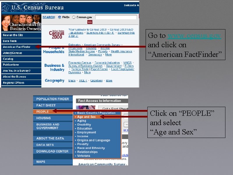 Go to www. census. gov and click on “American Fact. Finder” Click on “PEOPLE”