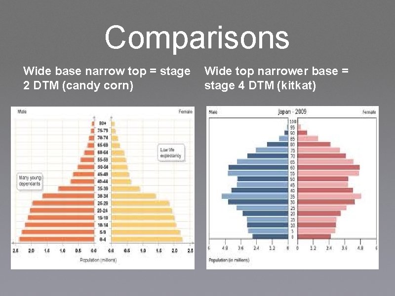 Comparisons Wide base narrow top = stage 2 DTM (candy corn) Wide top narrower