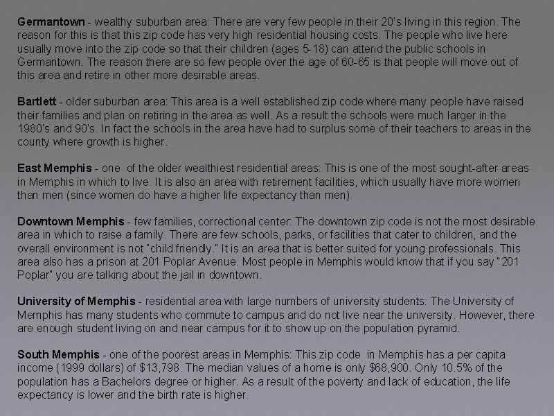 Germantown - wealthy suburban area: There are very few people in their 20’s living