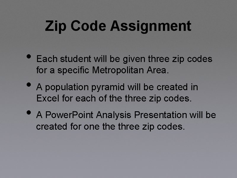 Zip Code Assignment • Each student will be given three zip codes for a