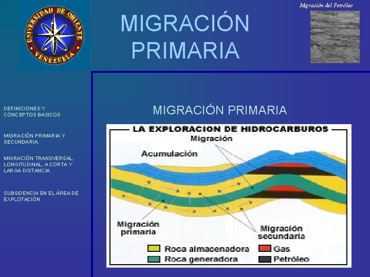 Migración del Petróleo MIGRACIÓN PRIMARIA DEFINICIONES Y CONCEPTOS BASICOS MIGRACIÓN PRIMARIA Y SECUNDARIA. MIGRACIÓN