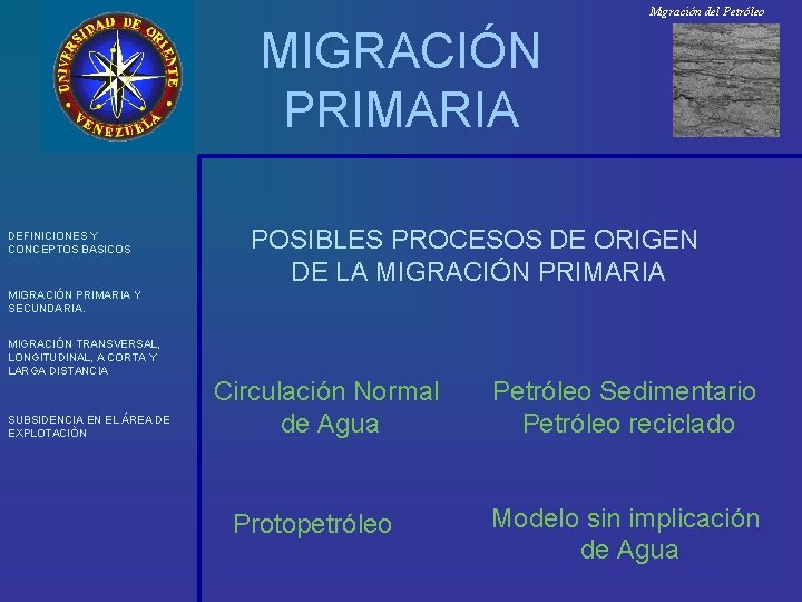 Migración del Petróleo MIGRACIÓN PRIMARIA DEFINICIONES Y CONCEPTOS BASICOS POSIBLES PROCESOS DE ORIGEN DE