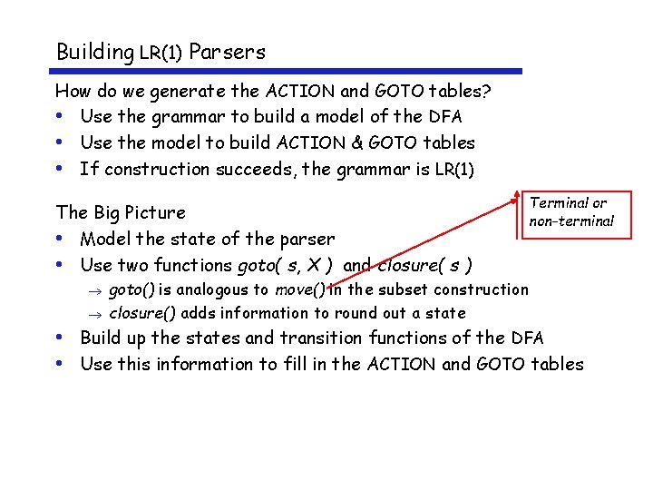 Building LR(1) Parsers How do we generate the ACTION and GOTO tables? • Use