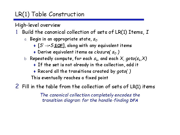 LR(1) Table Construction High-level overview 1 Build the canonical collection of sets of LR(1)