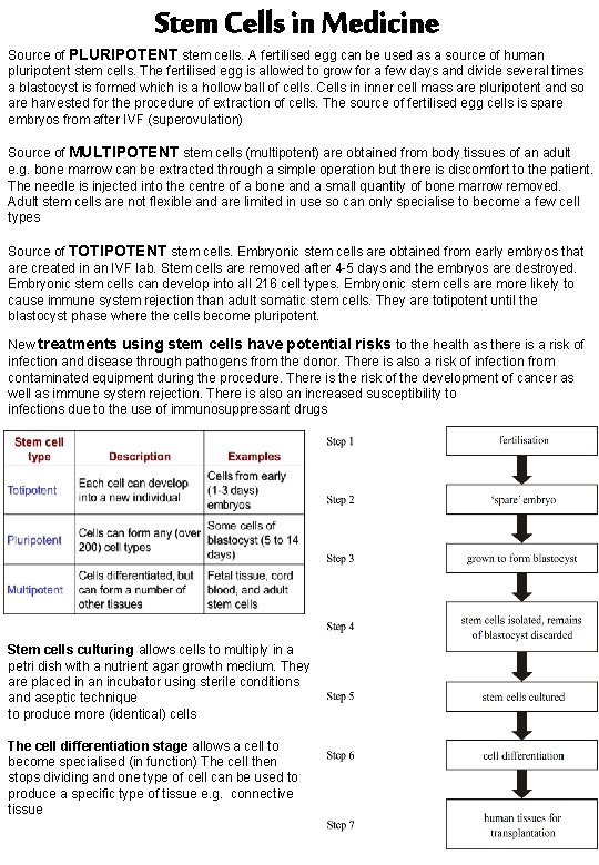 Stem Cells in Medicine Source of PLURIPOTENT stem cells. A fertilised egg can be