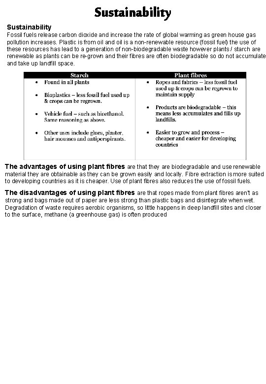 Sustainability Fossil fuels release carbon dioxide and increase the rate of global warming as