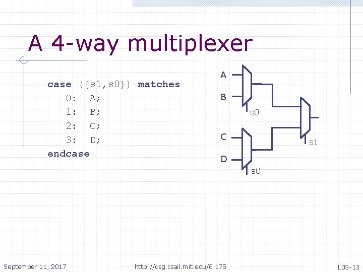 A 4 -way multiplexer case ({s 1, s 0}) matches 0: A; 1: B;