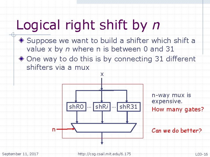 Logical right shift by n Suppose we want to build a shifter which shift