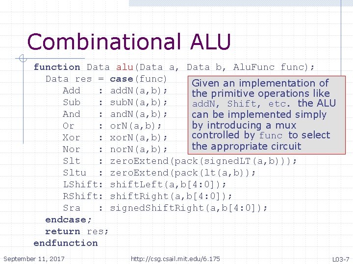 Combinational ALU function Data alu(Data a, Data b, Alu. Func func); Data res =