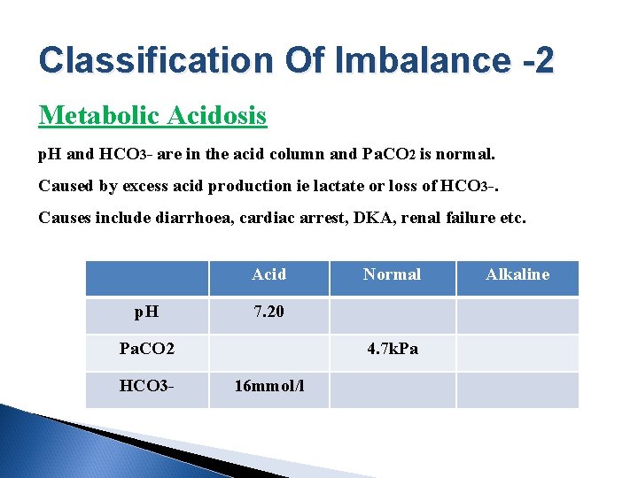 Classification Of Imbalance -2 Metabolic Acidosis p. H and HCO 3 - are in