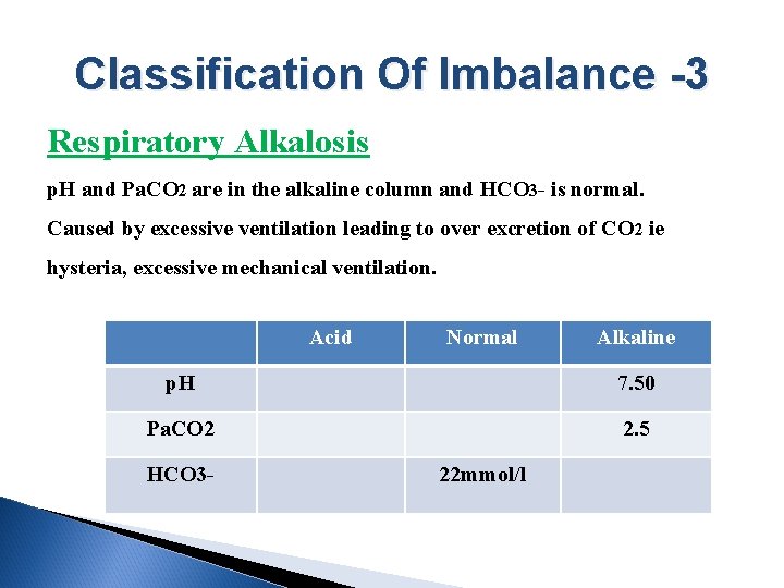Classification Of Imbalance -3 Respiratory Alkalosis p. H and Pa. CO 2 are in