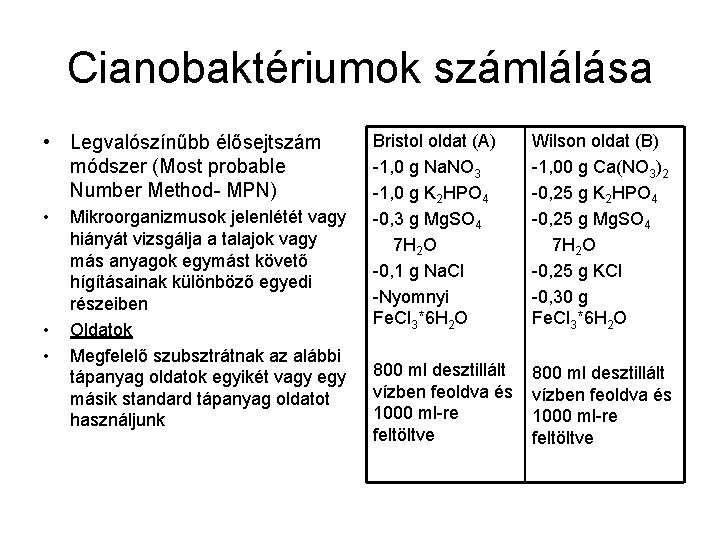 Cianobaktériumok számlálása • Legvalószínűbb élősejtszám módszer (Most probable Number Method- MPN) • • •