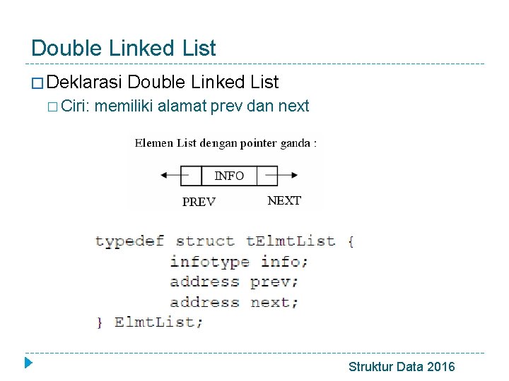 Double Linked List � Deklarasi � Ciri: Double Linked List memiliki alamat prev dan