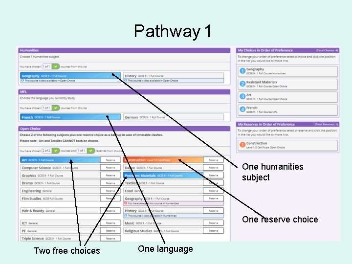 Pathway 1 One humanities subject One reserve choice Two free choices One language 