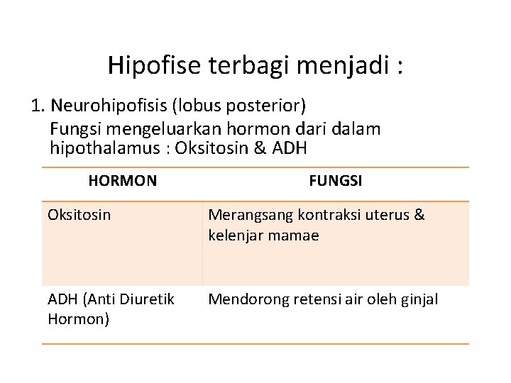 Hipofise terbagi menjadi : 1. Neurohipofisis (lobus posterior) Fungsi mengeluarkan hormon dari dalam hipothalamus