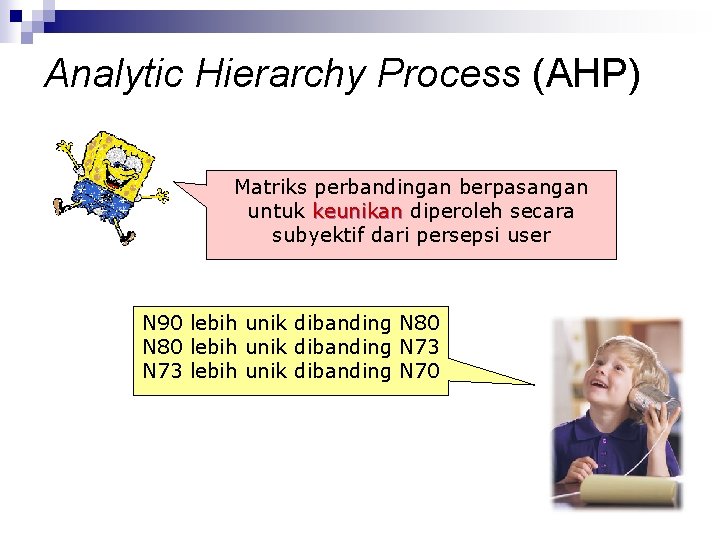Analytic Hierarchy Process (AHP) Matriks perbandingan berpasangan untuk keunikan diperoleh secara subyektif dari persepsi