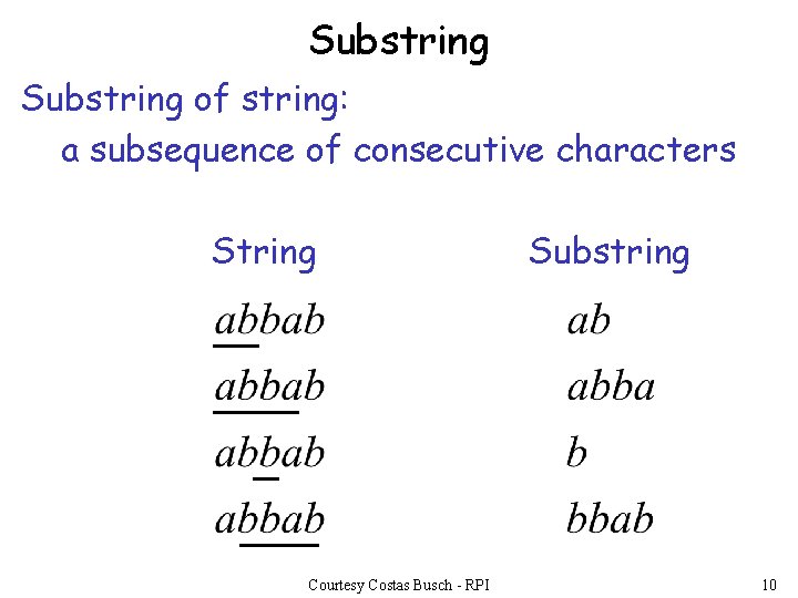 Substring of string: a subsequence of consecutive characters String Courtesy Costas Busch - RPI Substring of string: a subsequence of consecutive characters String Courtesy Costas Busch - RPI