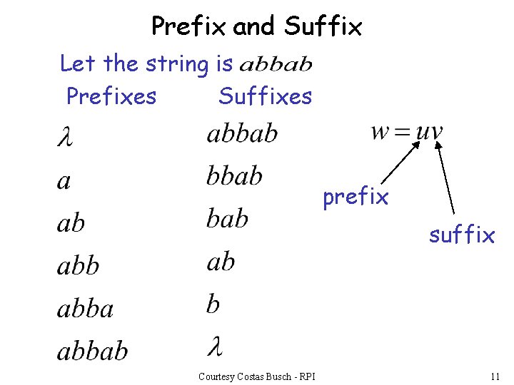 Prefix and Suffix Let the string is Prefixes Suffixes prefix suffix Courtesy Costas Busch Prefix and Suffix Let the string is Prefixes Suffixes prefix suffix Courtesy Costas Busch