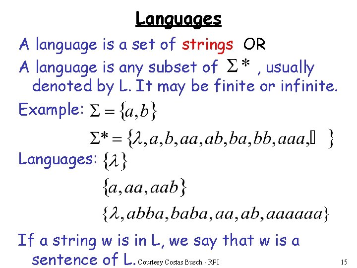 Languages A language is a set of strings OR A language is any subset Languages A language is a set of strings OR A language is any subset