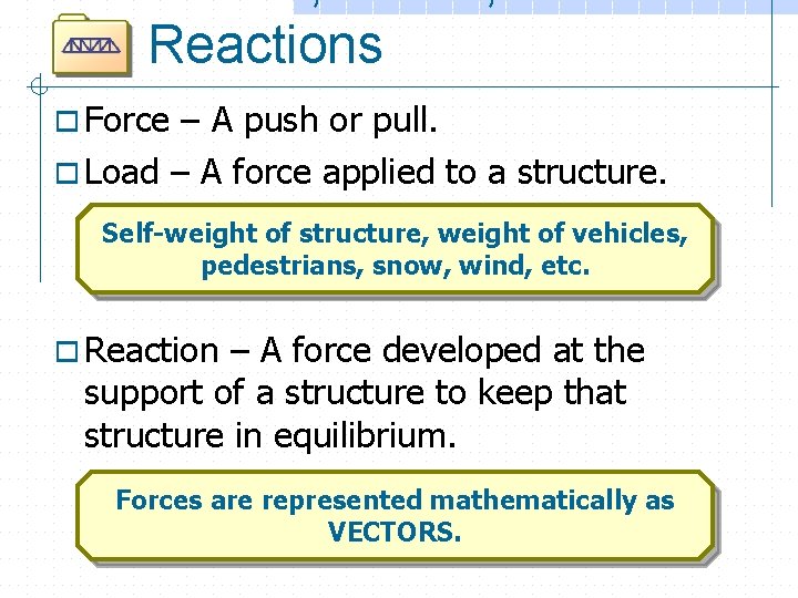 Reactions o Force – A push or pull. o Load – A force applied
