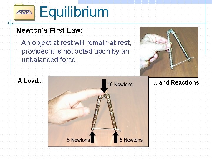 Equilibrium Newton’s First Law: An object at rest will remain at rest, provided it