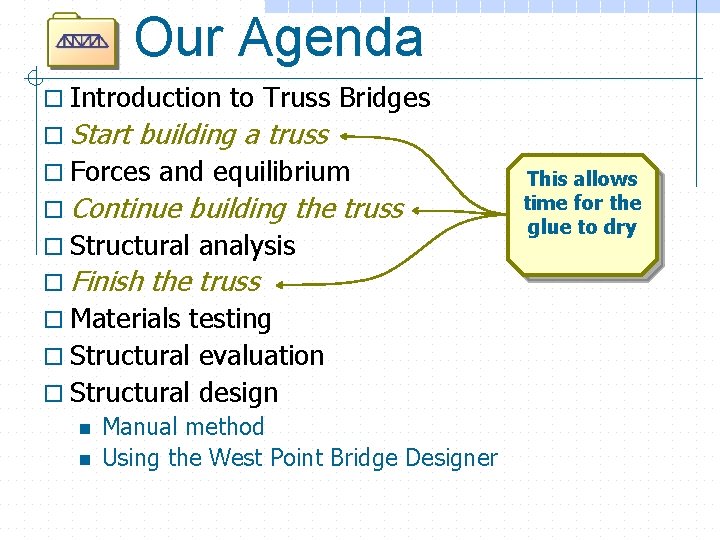 Our Agenda o Introduction o Start to Truss Bridges building a truss o Forces