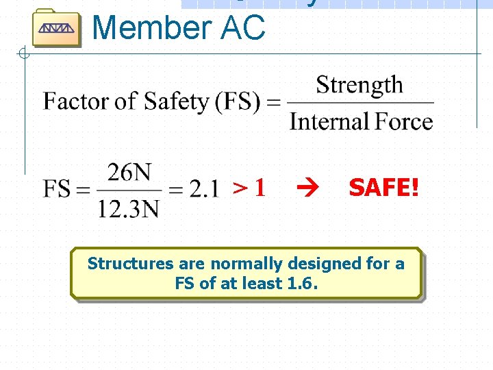 Member AC >1 SAFE! Structures are normally designed for a FS of at least