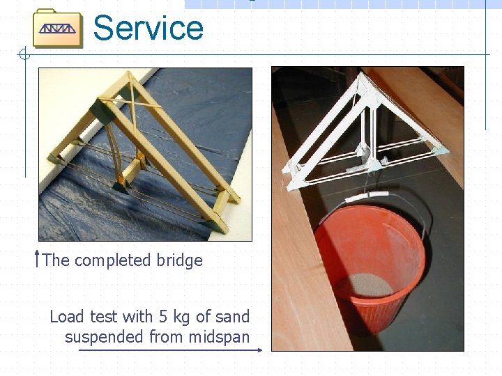 Service The completed bridge Load test with 5 kg of sand suspended from midspan