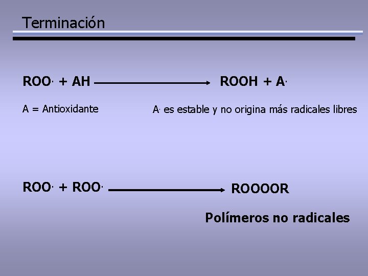 Terminación ROO. + AH A = Antioxidante ROO. + ROOH + A. A. es