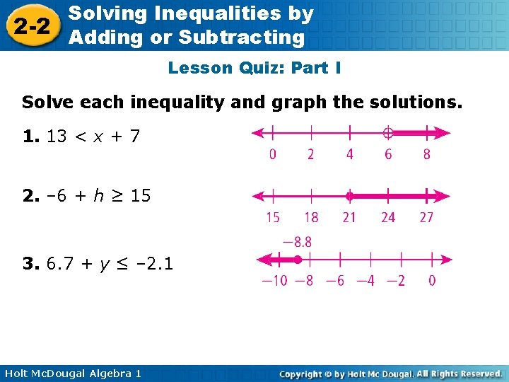 Solving Inequalities by 2 -2 Adding or Subtracting Lesson Quiz: Part I Solve each