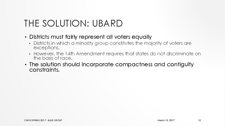 THE SOLUTION: UBARD • Districts must fairly represent all voters equally Districts in which