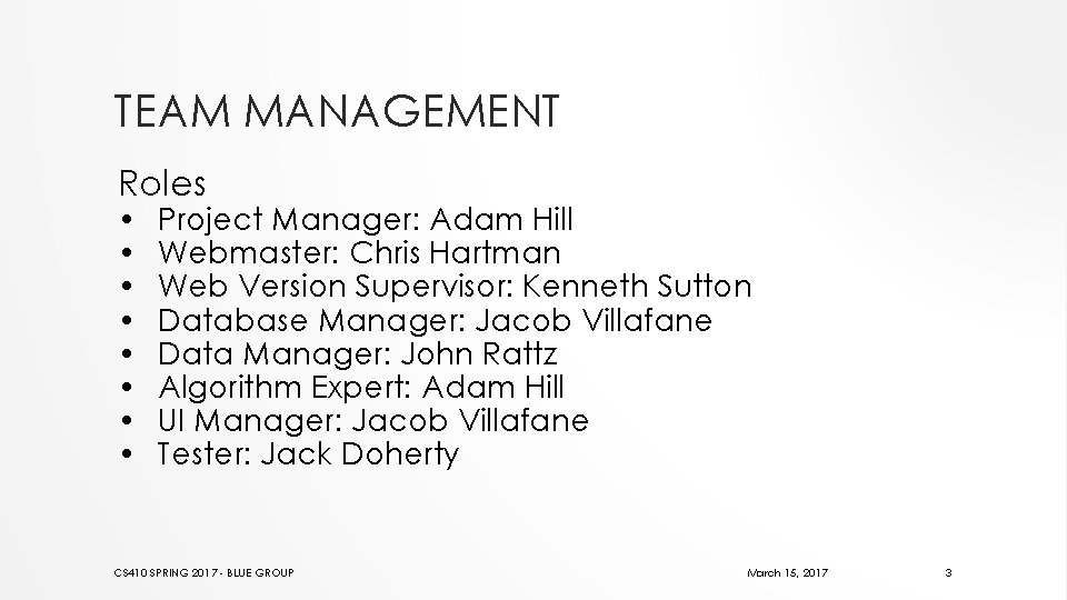 TEAM MANAGEMENT Roles • • Project Manager: Adam Hill Webmaster: Chris Hartman Web Version