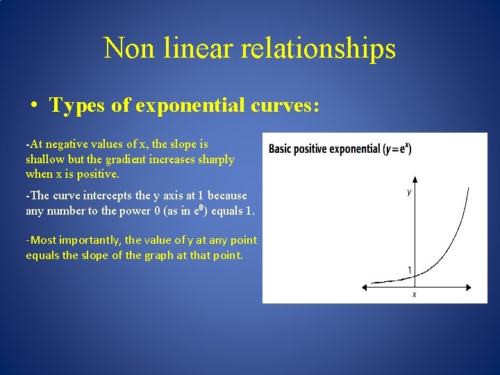 Non linear relationships • Types of exponential curves: -At negative values of x, the