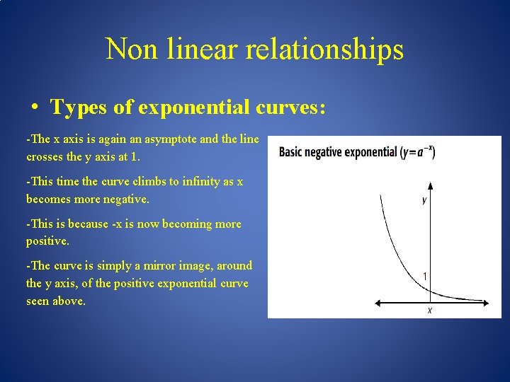 Non linear relationships • Types of exponential curves: -The x axis is again an