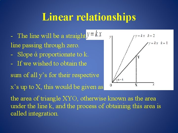 Linear relationships - The line will be a straight line passing through zero. -