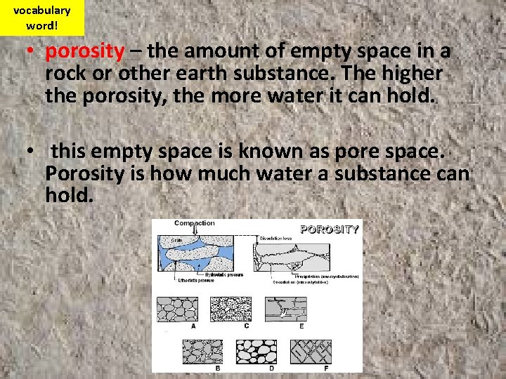 vocabulary word! • porosity – the amount of empty space in a rock or