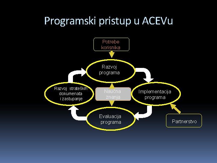 Programski pristup u ACEVu Potrebe korisnika Razvoj programa Razvoj strateških dokumenata i zastupanje Naučna