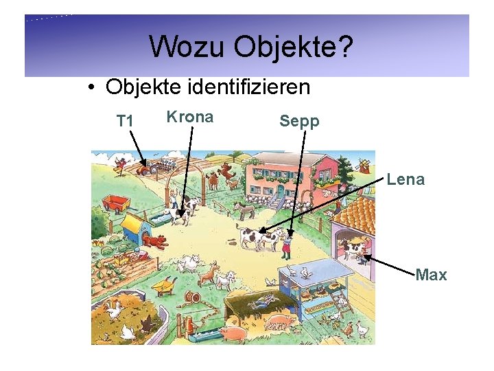 Wozu Objekte? • Objekte identifizieren T 1 Krona Sepp Lena Max 