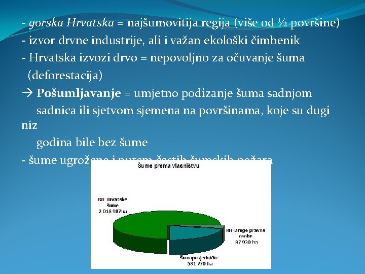 - gorska Hrvatska = najšumovitija regija (više od ½ površine) - izvor drvne industrije,