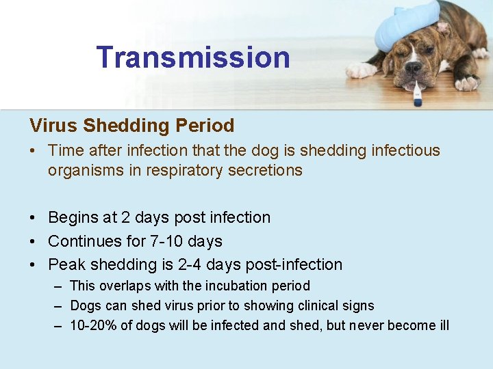 Transmission Virus Shedding Period • Time after infection that the dog is shedding infectious