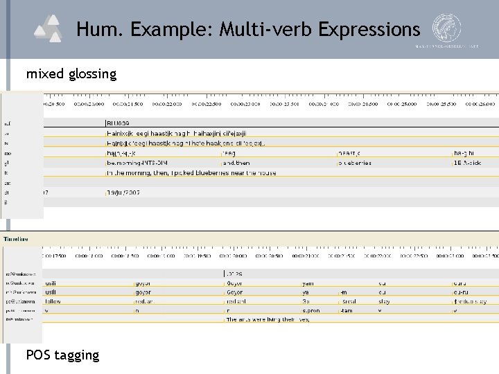 Hum. Example: Multi-verb Expressions mixed glossing POS tagging 