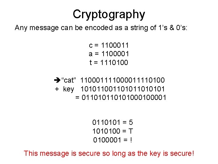 Cryptography Any message can be encoded as a string of 1’s & 0’s: c
