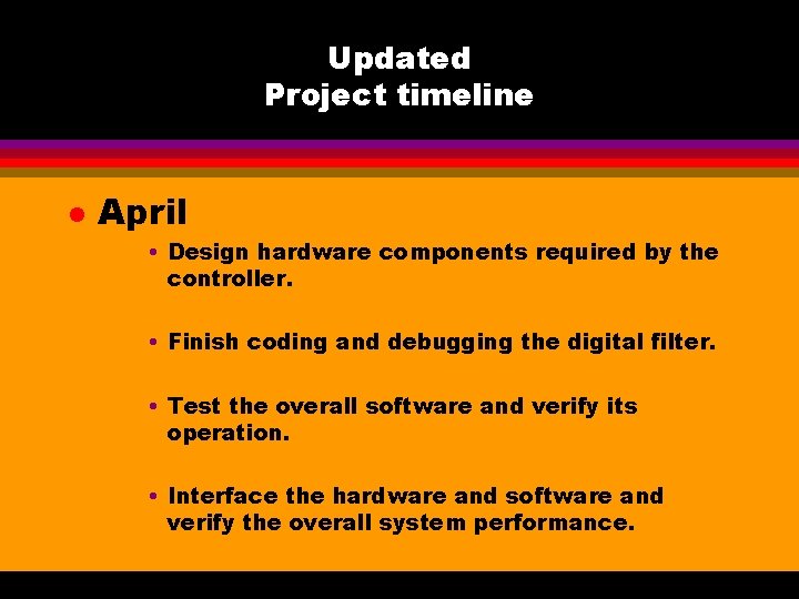 Updated Project timeline l April • Design hardware components required by the controller. •