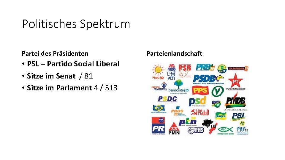 Politisches Spektrum Partei des Präsidenten • PSL – Partido Social Liberal • Sitze im