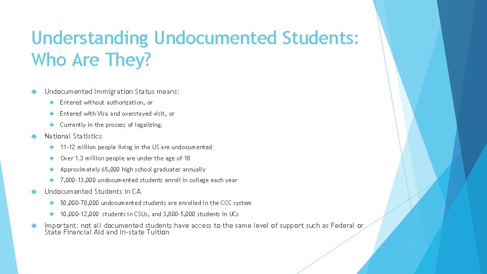 Understanding Undocumented Students: Who Are They? Undocumented Immigration Status means: Entered without authorization, or