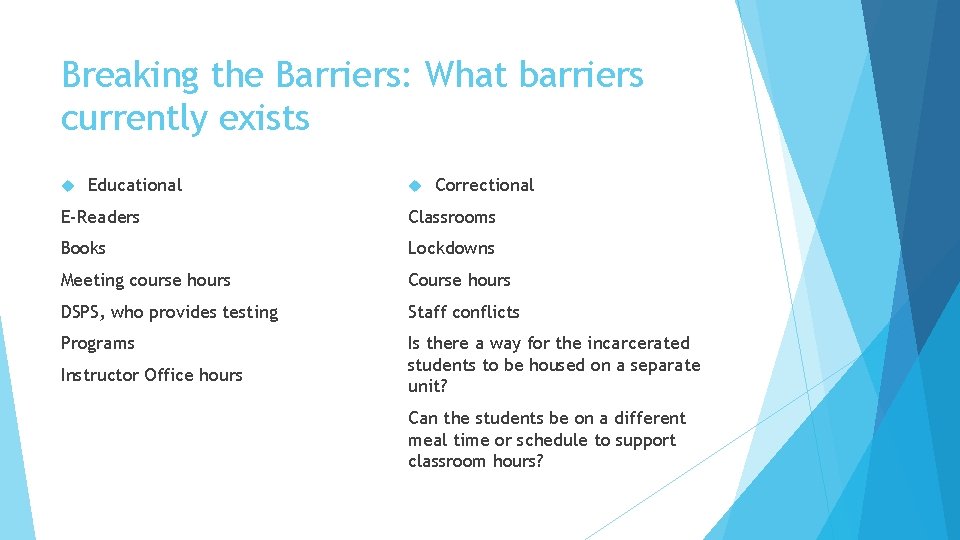 Breaking the Barriers: What barriers currently exists Educational Correctional E-Readers Classrooms Books Lockdowns Meeting