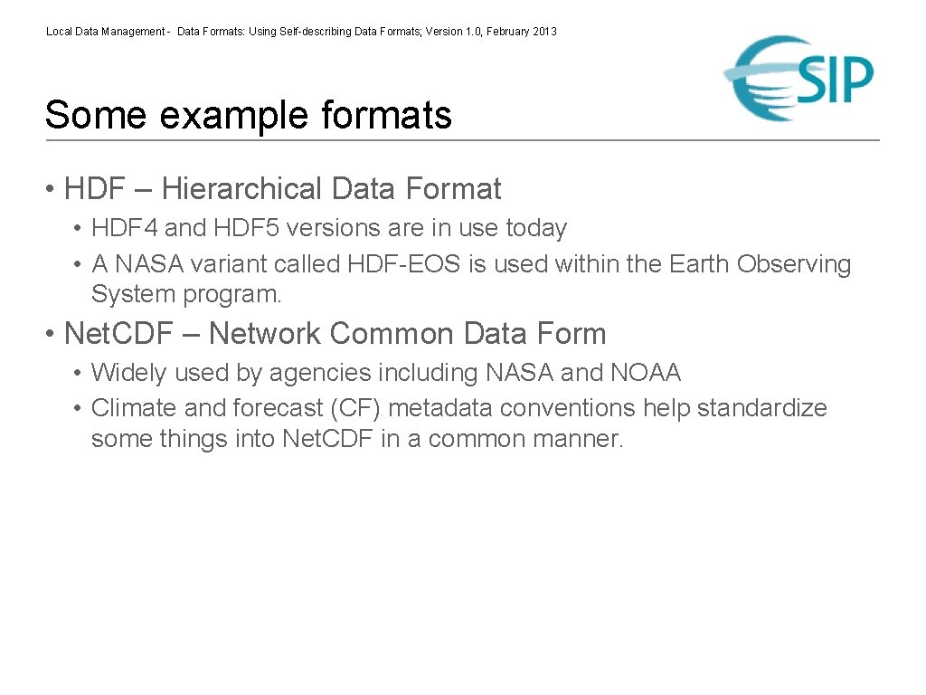 Local Data Management - Data Formats: Using Self-describing Data Formats; Version 1. 0, February